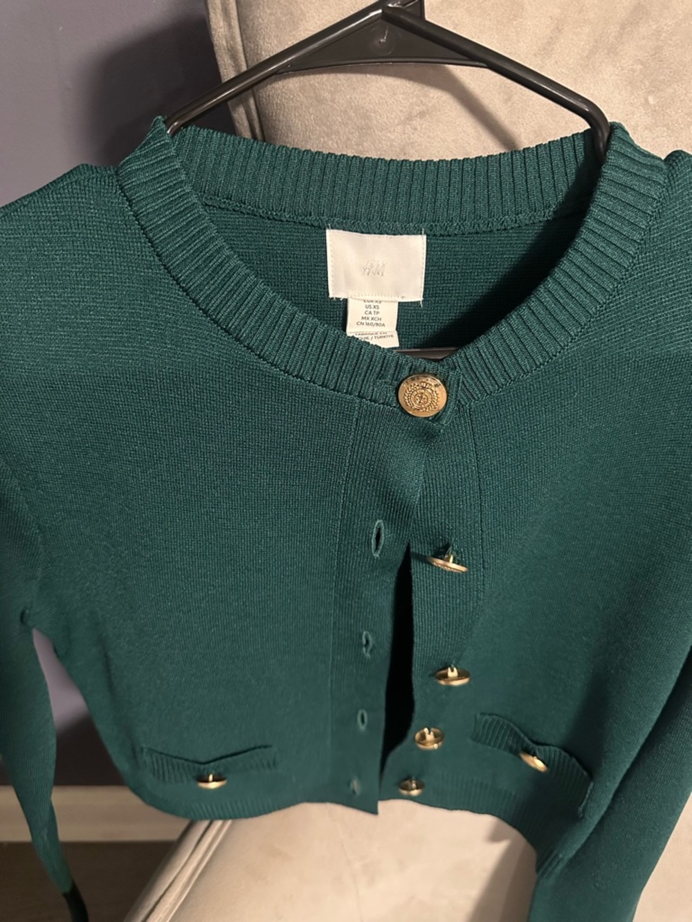 H&M Teal Green Crewneck Cardigan with Gold Buttons